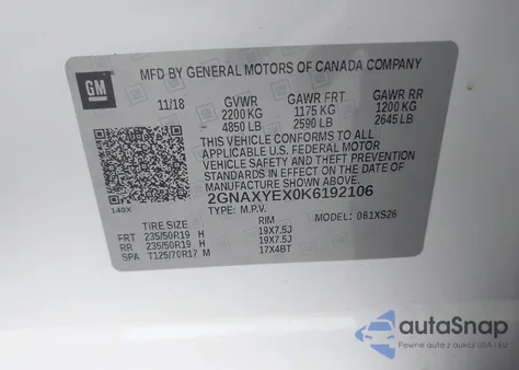 2019 Chevrolet Equinox Premier z USA, uszkodzony, nr VIN 2GNAXYEX0K6192106